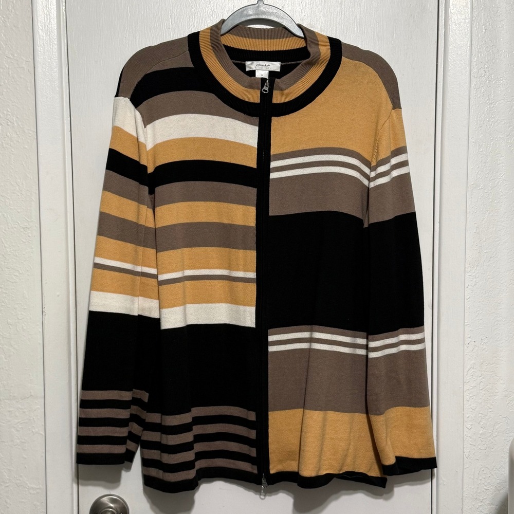 CJ Banks Womens 2X Full Zip Cardigan Sweater Cotton Striped Colorblock Mock Neck